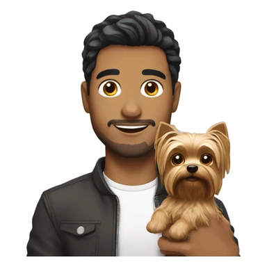 A guy with dark hair holding a cute yorkshire terrier sticker