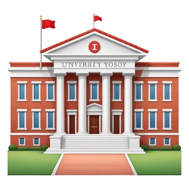 A flat cartoon-style university building with columns and a small flag on top. Red brick, symmetrical, clean design, white background, iOS emoji aesthetic. sticker