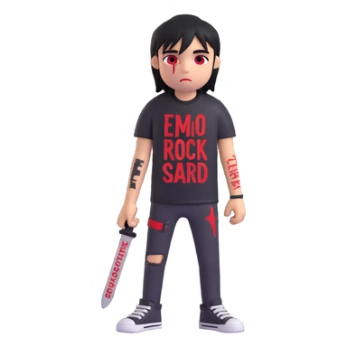 emo character with visible self harm scars, wearing a black rock band shirt with red text, expressive and moody, detailed sticker