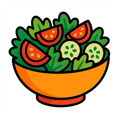 bowl of salad with tomatoes, cucumbers, and lettuce, playful cartoon style sticker