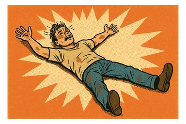 person lying face up, arms and legs spread, looking exhausted and hurt, comic style sticker