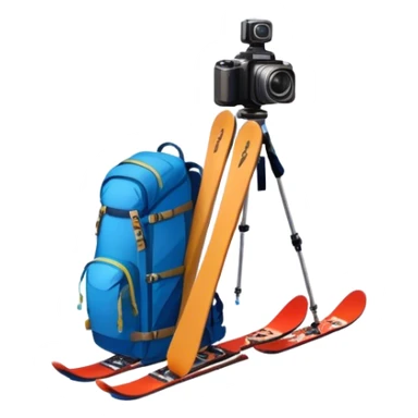 Icon for Mountain Tourism: a distant snow-capped mountain peak with skis, a snowboard, an ice axe, a backpack and a camera. The icon should convey the spirit of adventure and exploration in the mountains. Transparent background. sticker