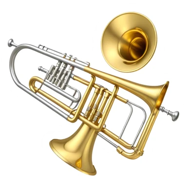 Create a refined emoji representing a trombone. The design should feature a gleaming trombone with its characteristic sliding mechanism and bell. Add musical notes flowing around the instrument to evoke its sound in a band or orchestra setting. Use gold, brass, and silver to highlight its professional appearance. The background should be transparent. sticker
