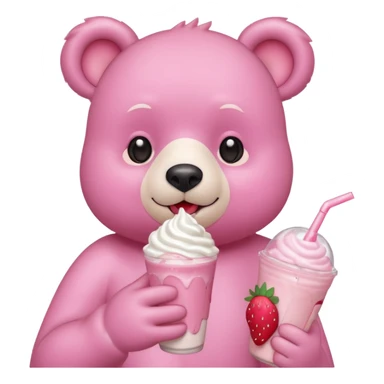 A pink bear is holding a strawberry and drinking a strawberry milkshake 
transparent background 
the style should be a teenager's hand-drawn, 2D, 2020s Japanese character-like sticker