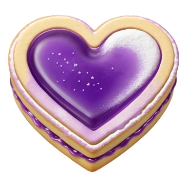 Realistic shortbread cookie in the shape of a heart with purple pastel jelly middle filling and sprinkled powder sugar on top. sticker
