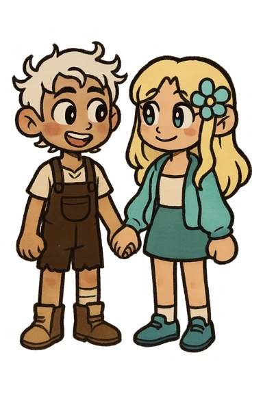 Combine these two cartoon characters as a couple, standing side by side, matching their style, with a transparent background. The style should blend the characteristics of both characters harmoniously in a single image. sticker