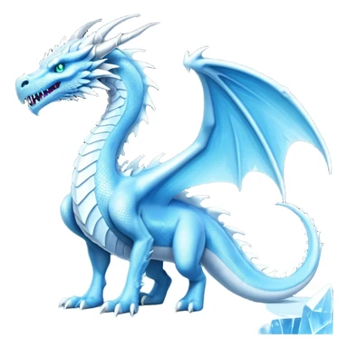 Cinematic Noble Fierce Ice Dragon full body Emoji, Poised and imposing, distinct long elegant snout, with a slender, scaled body shimmering in glacial hues of icy blue, frostbitten silver, and crystalline white, breathing out frost, with piercing, glowing eyes that radiate the chilling depths of an arctic storm; rendered in detail. displaying its wings sticker