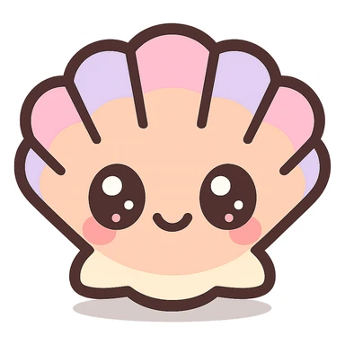 super kawaii chibi baby seashell character, soft pastel colors, big sparkling eyes, bolder outline, soft shadow, high contrast, minimal clean layout, PNG, transparent background sticker
