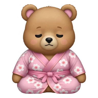 A cute chubby light-brown bear wearing a pastel pink sakura-patterned kimono, tiny body and big round head, adorable simple face, sleepy half-closed eyes, small blush on cheeks, sitting while dozing off, tiny “zzz” floating above the head sticker