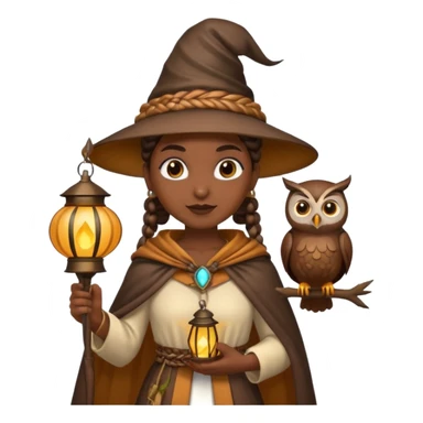 woodland emoji character, dark skin woman with braids dressed as owl mage, feather cape, holding lantern sticker