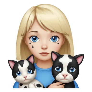 Cute cat black and white stain like a cow in the arms of a blond girl with bangs and blue eyes sticker