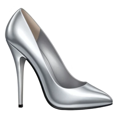 A pair of high heel shoes emoji made of polished silver chrome, elegant sharp silhouette, smooth metallic surface, glossy reflections, luxury sexy vibe, minimalistic iOS emoji style, centered, clean white background sticker