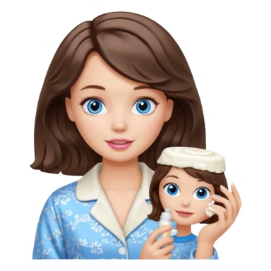 Barbie girl with makeup, blue eyes , and bob long haircut wavy, short brown hair in creamy color pajamas, face cream in hand sticker
