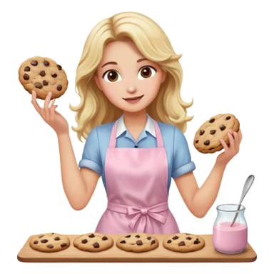 Blond long wavy hair lady with a light pink apron making chocolate chip cookies sticker