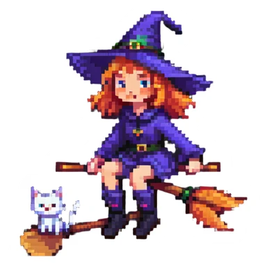 witch on a broomstick with a cat familiar sticker