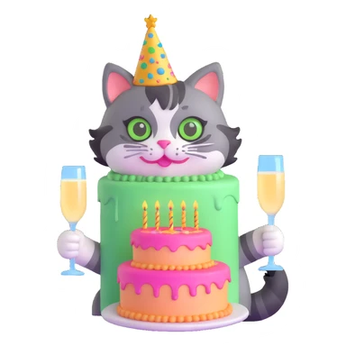 tricolor fluffy cat with big green eyes celebrating her birthday with a cake and champagne sticker