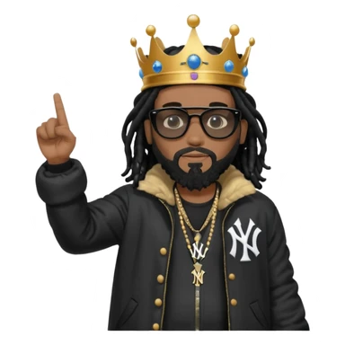 African American man with shoulder length black dreadlocks with black beard wearing black sunglasses wearing Crown on his head wearing a black bubble m New York Yankees logo winter coat pointing at himself sticker