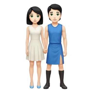 prince, standing upright, black Hair, blue eyes, garment,  woman, bending knee, white sleveless dress, blonde hair, green eyes, sticker