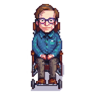 Stephen Hawking sitting in his wheelchair, wearing glasses and a gentle smile, simplified pixel art details sticker