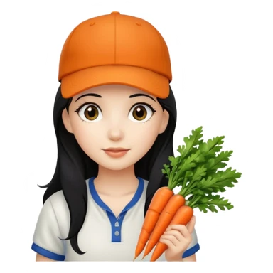 girl with black hair, baseball cap, holding carrots sticker