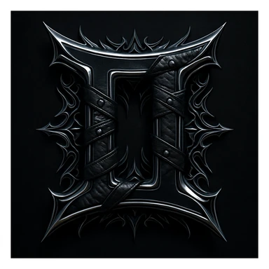 Gemini zodiac symbol fused with heavy metal iconography, dark colors, chrome and leather sticker
