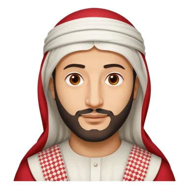 Apple emoji-style portrait of Crown Prince Mohammed bin Salman, simplified and clean, round face, friendly expression, white thobe, red-and-white checkered shemagh, minimal shading, flat colors sticker