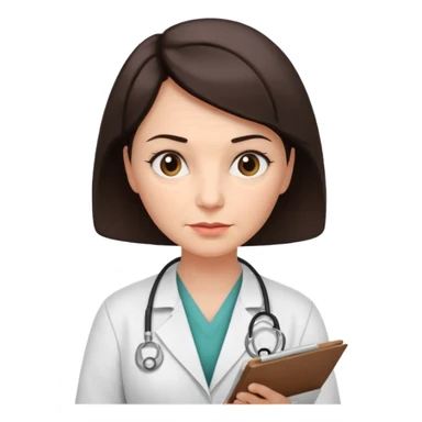 A female doctor in her 50s with visible facial wrinkles, dark brown short bob hair, looking down at and focusing on a medical chart. sticker