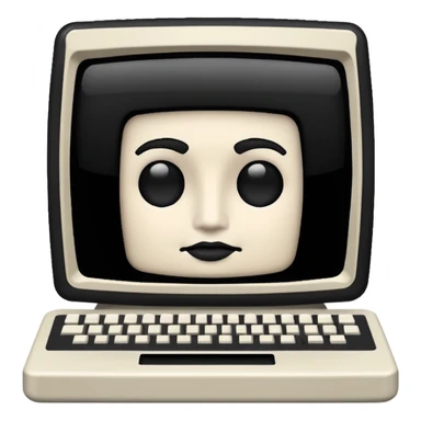 White and black 80s computer with face sticker