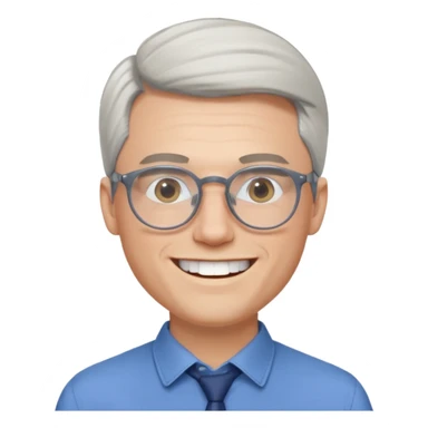 30 yr old pale white man, white/grey side swept stylish hair, round glasses, big smile, white teeth, handsome, longer hair, thin glasses, blue dress shirt sticker