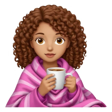 Brown eye ,brown curly hair girl with light brown skin drinking coffee with a pink blanket  sticker