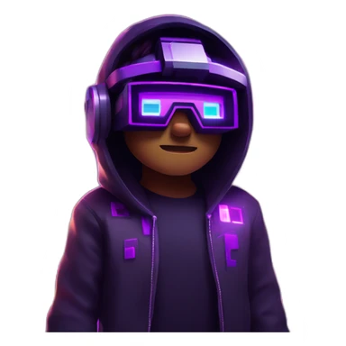 Minecraft hero wearing a black hoodie with "OMG" letters on it and VR headset in a cyberpunk VR environment with violet neon lighting. sticker