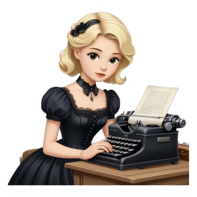 Blonde model wearing a black Victorian gown typing on a black typewriter at an old desk sticker