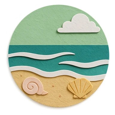 view of the ocean from the beach with sand, shells, and gentle waves, green and white sticker