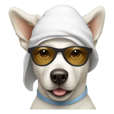 White dog with sunglasses and a bonnet sticker