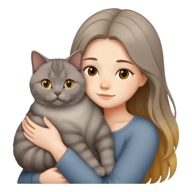 A long-haired girl hugs a British shorthair cat with a brown gradient to light yellow color sticker