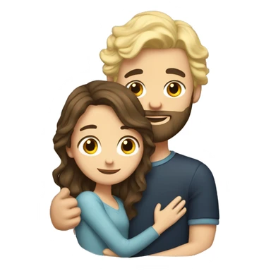 Brunette girl with wavy hair hugging blond boy lovingly couple he has a blond beard sticker