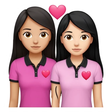 Dos mujeres juntas que una sea de color trigueña y de color blanca, cabello largo negro sea la de piel blanca y la de piel trigueña cabello castaño raya en medio, tengan polo blanco y negro y tengan un corazon rosado arriba sticker