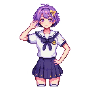 Pixel art anime schoolgirl with short bright purple hair in Japanese sailor uniform, standing with one hand on hip trying to look brave but shyly waving with pink blush across face sticker
