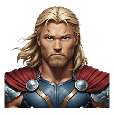 Cinematic Realistic Thor Portrait, depicted with lifelike skin texture and a commanding, muscular build that radiates divine strength. His piercing eyes, framed by rugged, flowing hair and a well-groomed beard, exude both determination and amiable authority. Clad in his signature armor with subtle hints of mystical lightning, the portrait is rendered in dynamic natural lighting with a radiant, heroic glow. sticker