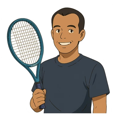 ghibli style light brown skinned tennis coach, short straight black hair with widow's peak, oval face, small eyes, smiling, holding blue Yonex racket, wearing navy blue dry fit shirt sticker