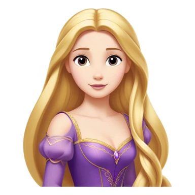 Cinematic Majestic Rapunzel Portrait Emoji, rendered in a clean, vector-style with bold, simplified shapes. Show Rapunzel with a serene, graceful expression, luminous fair skin, and elegantly styled long golden hair, accented by her classic purple gown. The design radiates a majestic, dreamlike glow with high shine and a soft glowing outline, embodying regal beauty. sticker