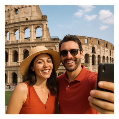 an Italian tourist couple, one with a sunhat, the other with sunglasses, taking a selfie in front of a landmark sticker