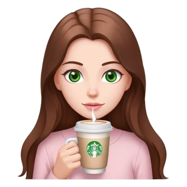pretty woman with very long brown hair and green eyes and light pink outfit with a latte sticker