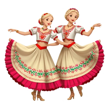 Cinematic Realistic scene of two dancers performing the Mazurka, dressed in vibrant traditional Polish costumes with intricate embroidery and flowing skirts, captured in graceful motion with warm, festive lighting sticker