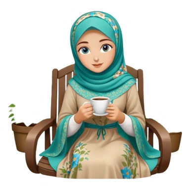 Turkish beautiful finish Konya girls blue eyes with Beautiful light brown green floral hijab long tail dress and in a lovely garden sits on the chair on the ground and holds cup coffe with her hand  sticker