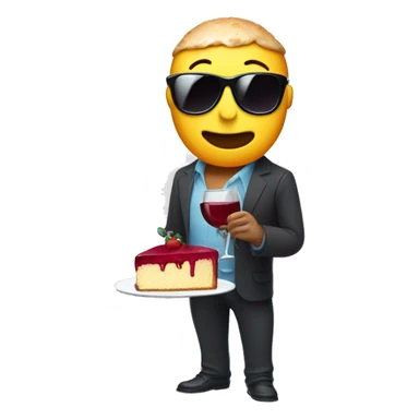 A bottle of wine character with arms, legs and sunglasses with a slice of cake in a hand sticker