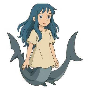 anime style girl with long blue hair and shark tail sticker