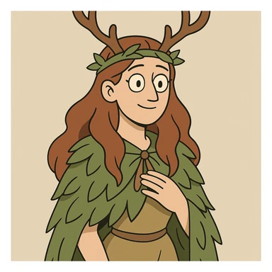 female druid with long hair, cartoon style, antler headdress, leafy cloak, gentle expression sticker