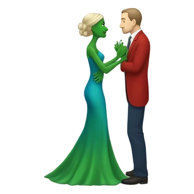Beatiful tall green skin female reptilian in red dress, kissing white man in blue dress, full figure, full body sticker