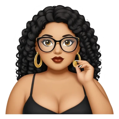 big plus size, latina, darker tan skin, long black curly hair, baddie,pretty, makeup, lipliner, black eyeliner, long hair, gold earrings, black top, black glasses sticker